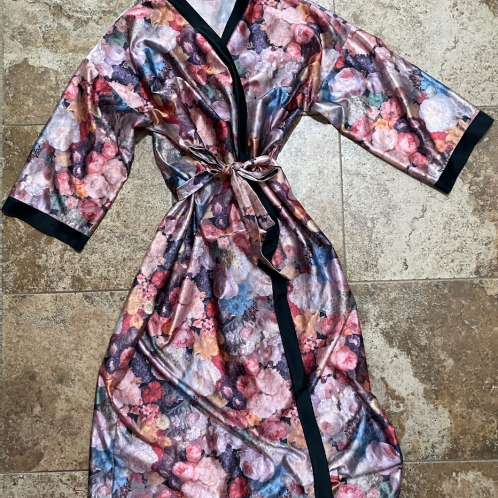 Full Length Pastel Floral Satin Belted Robe